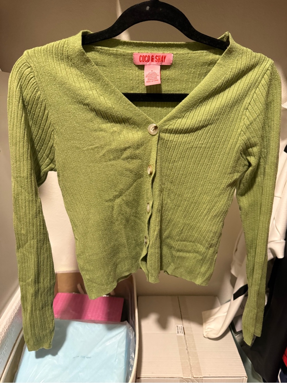 Coco & Shay Olive-Green Ribbed Button Cardigan
